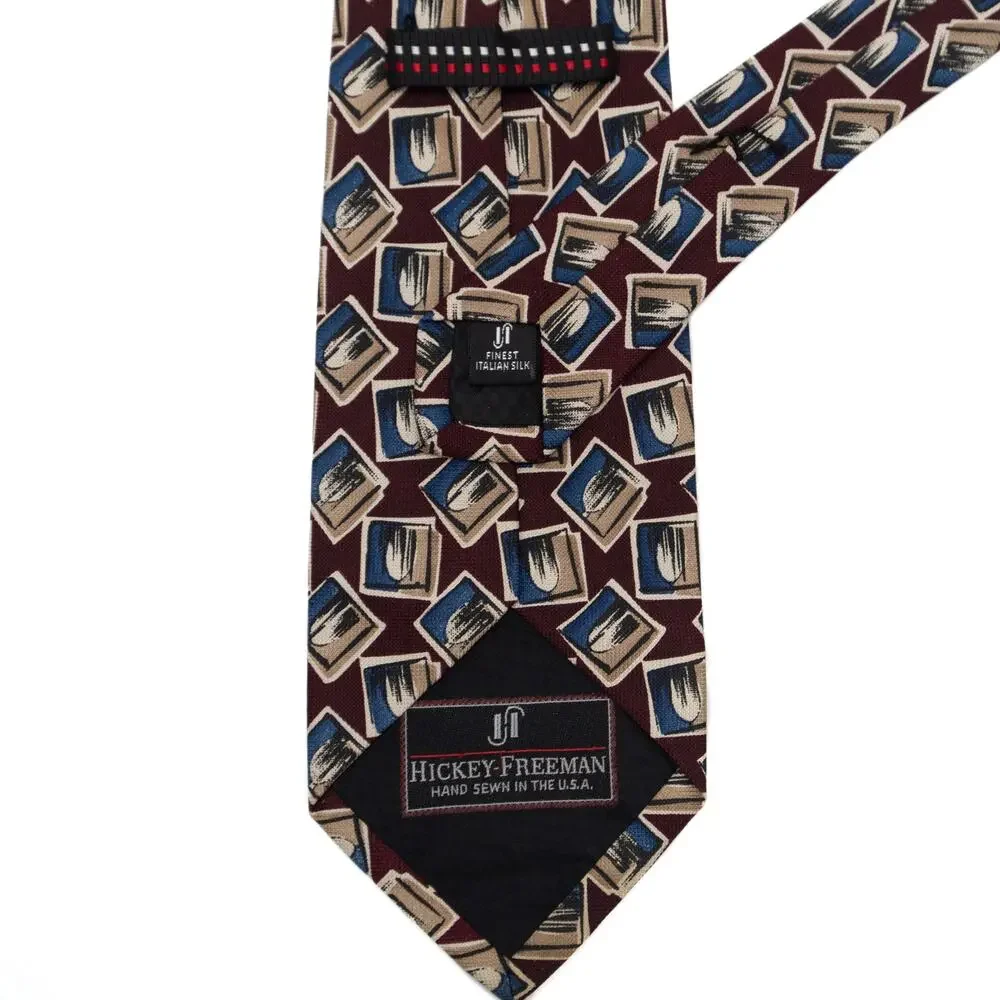 Hickey Freeman Collection Wine Burgundy Blue Geometric 100% Silk Necktie